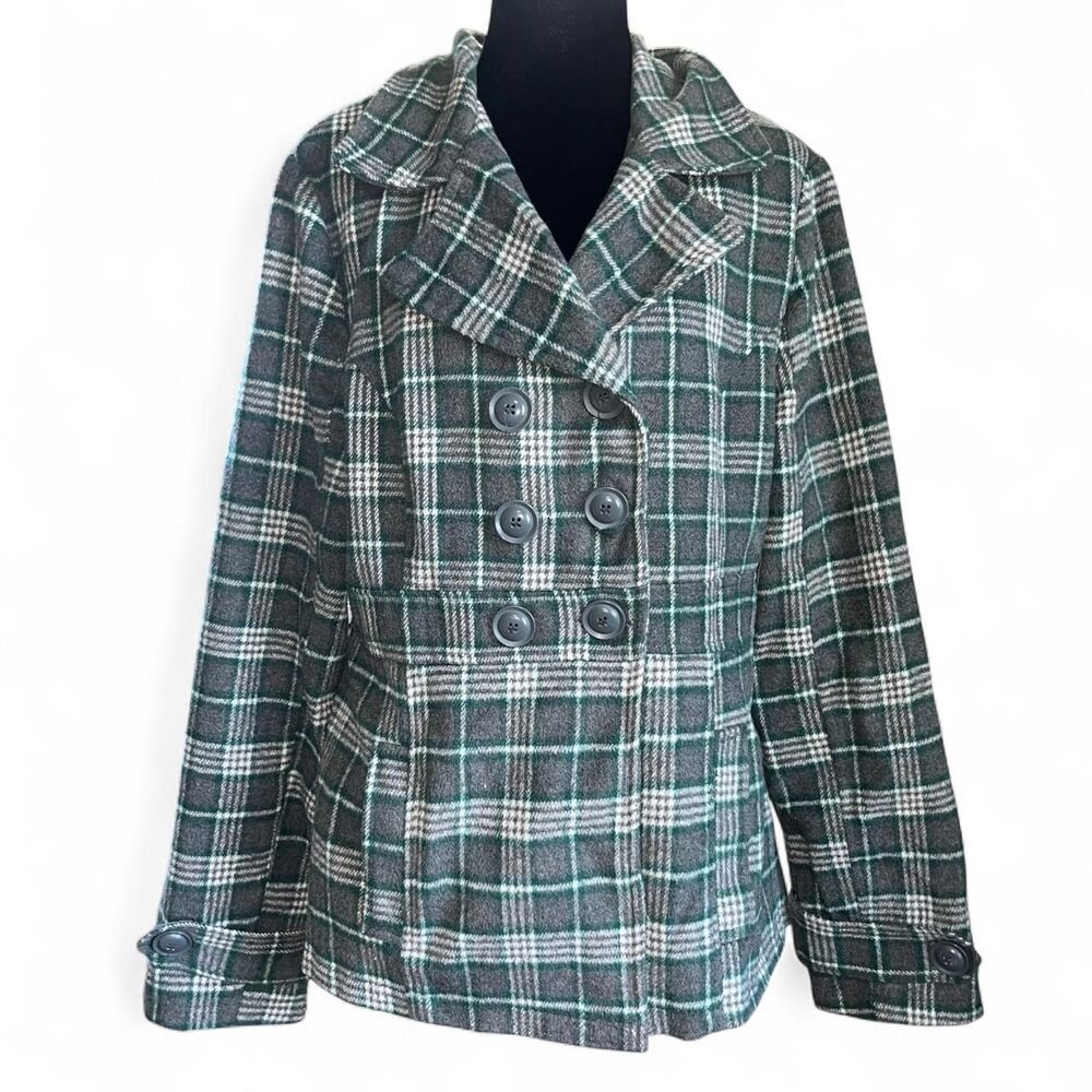 Vintage Y2K 2000 Black Lipstick Womens' Green and Gray Plaid Wool Peacoat SZ XL